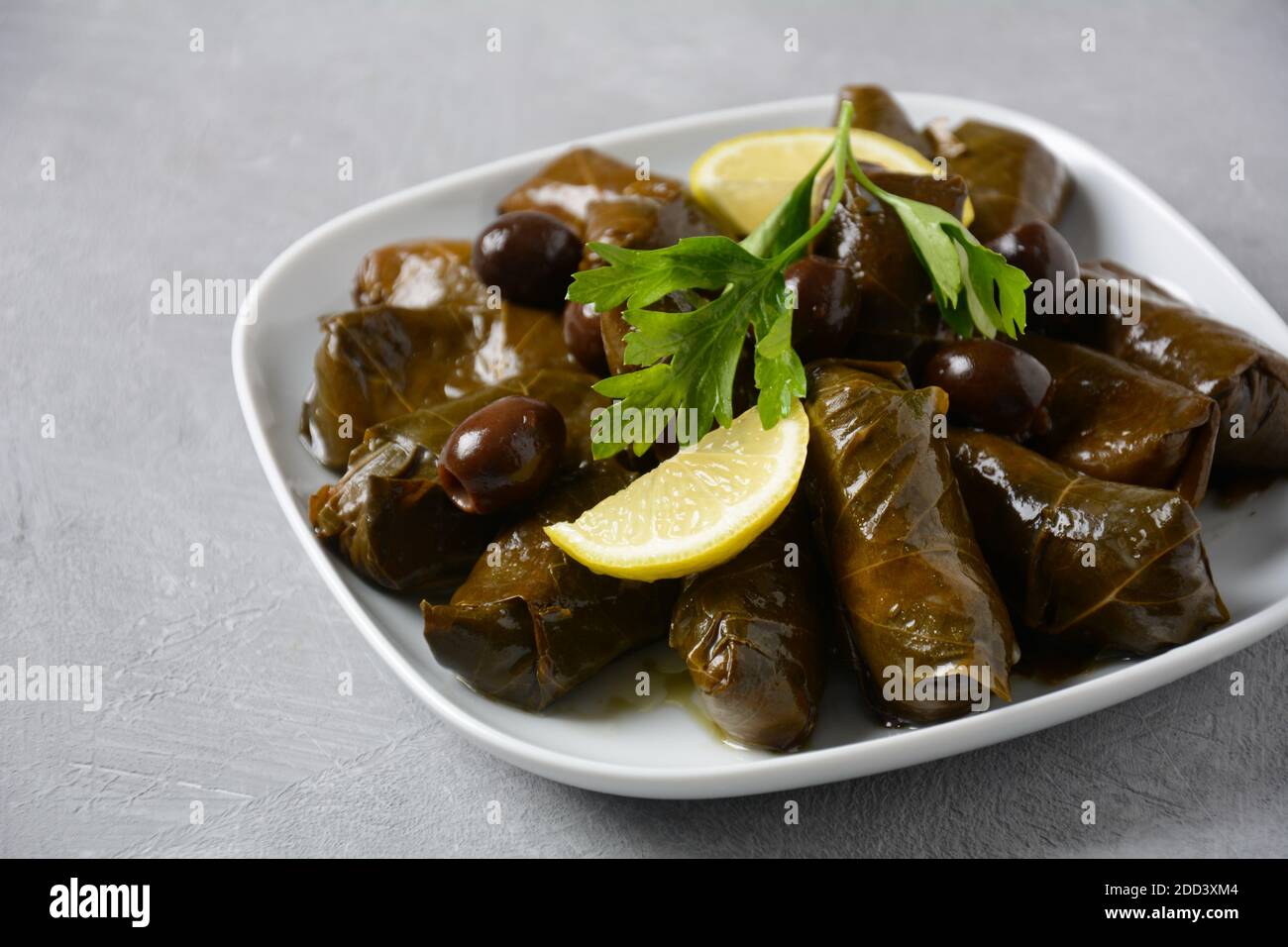 Traditional Greek cuisine. Wrapped rice in grape leaves. Dolma with lemon, spices, various