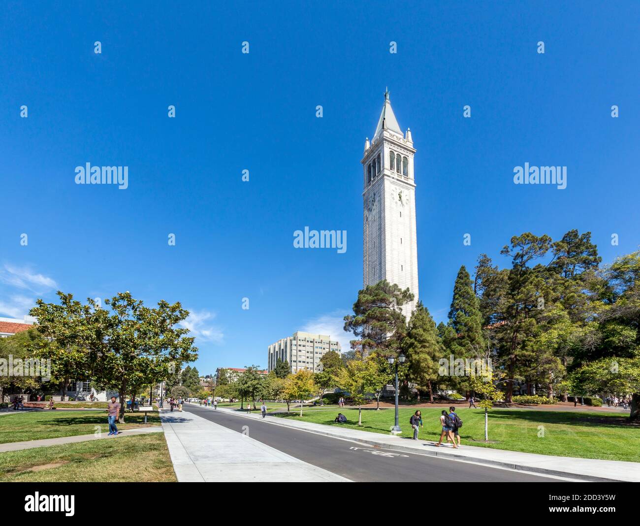 Campus  of the University of California at Berkeley, California. The Sather Tower, which rises 307 feet (94 meters) and was completed in 1915. Stock Photo