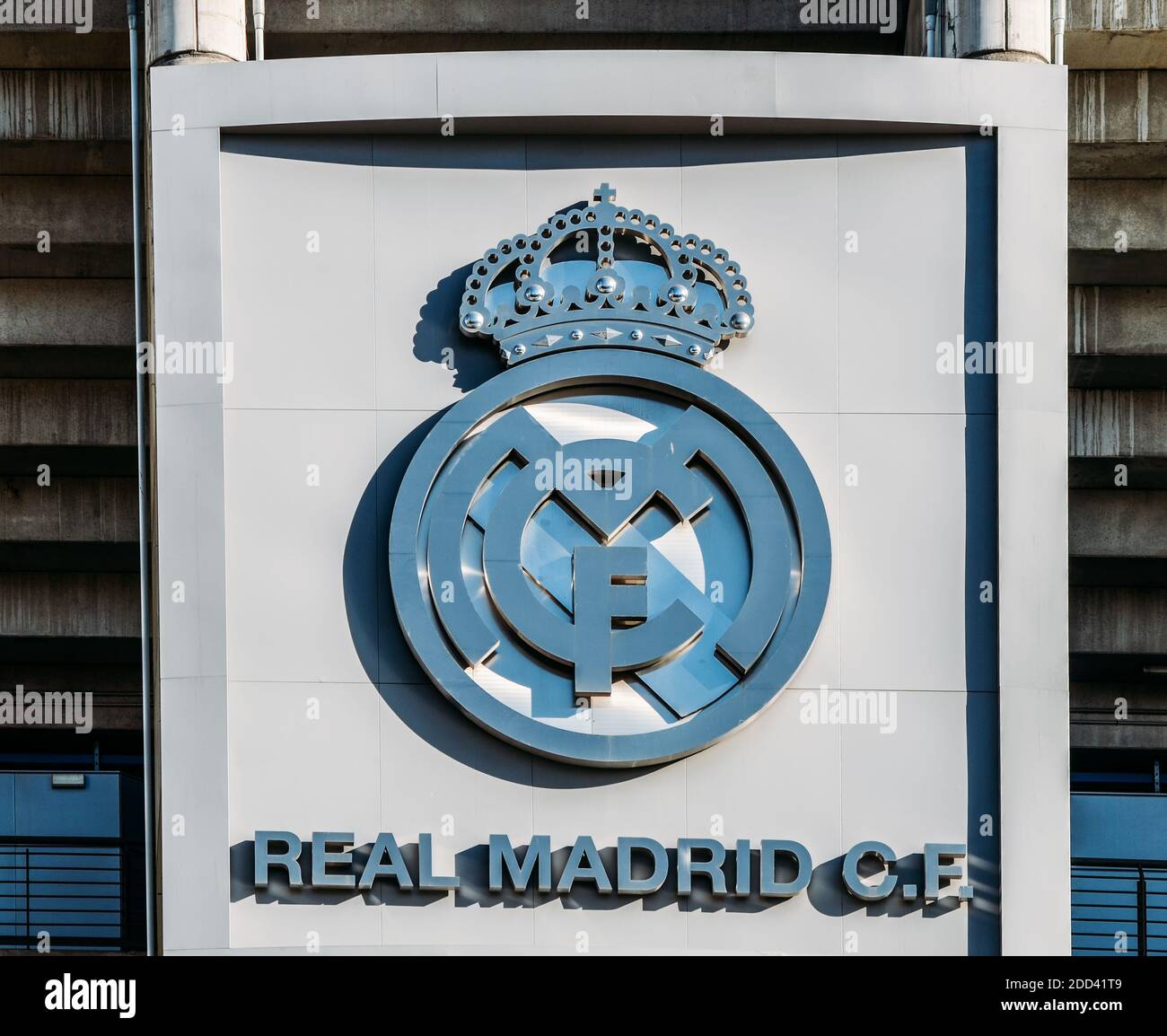 Madrid, Spain - Nov 21, 2020: Real Madrid logo in the facade of the Santiago Bernabeu Stadium. Logotype of Real Madrid is one of the most popular in S Stock Photo