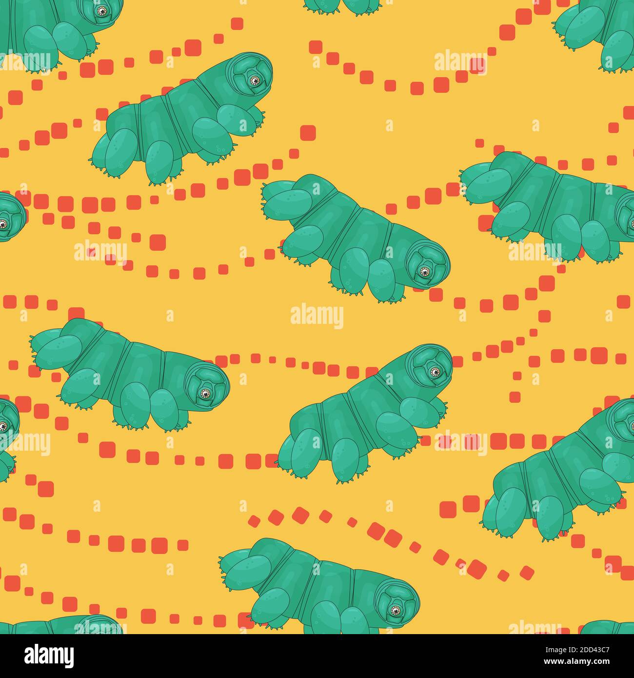 green cute happy Tardigrade, water bears or funny moss piglets vector repeat seamless pattern on yellow background Stock Vector