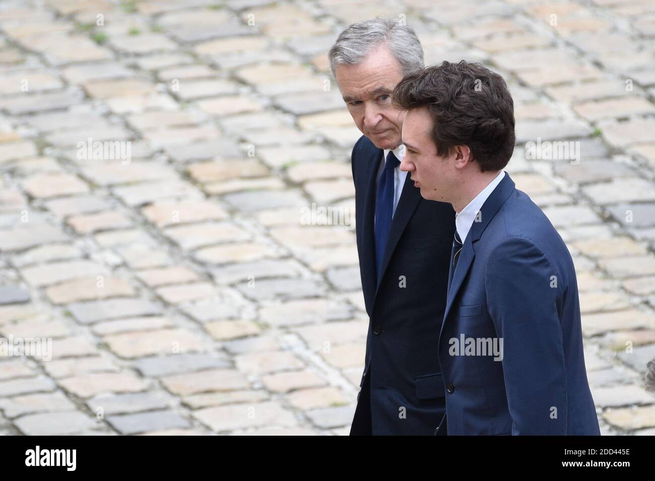LVMH CEO Bernard Arnault and his son Frederic attending the funeral  ceremony for late French industrialist-turned-politician Serge Dassault,  the Hotel des Invalides courtyard on May 31, 2018 in Paris, France, who died