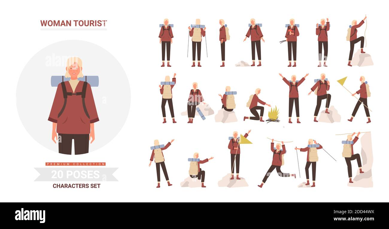 Woman tourist traveler adventure poses vector illustration set. Cartoon pretty young female hiker character with backpack posing in tourism activity, traveling, hiking and climbing isolated on white Stock Vector