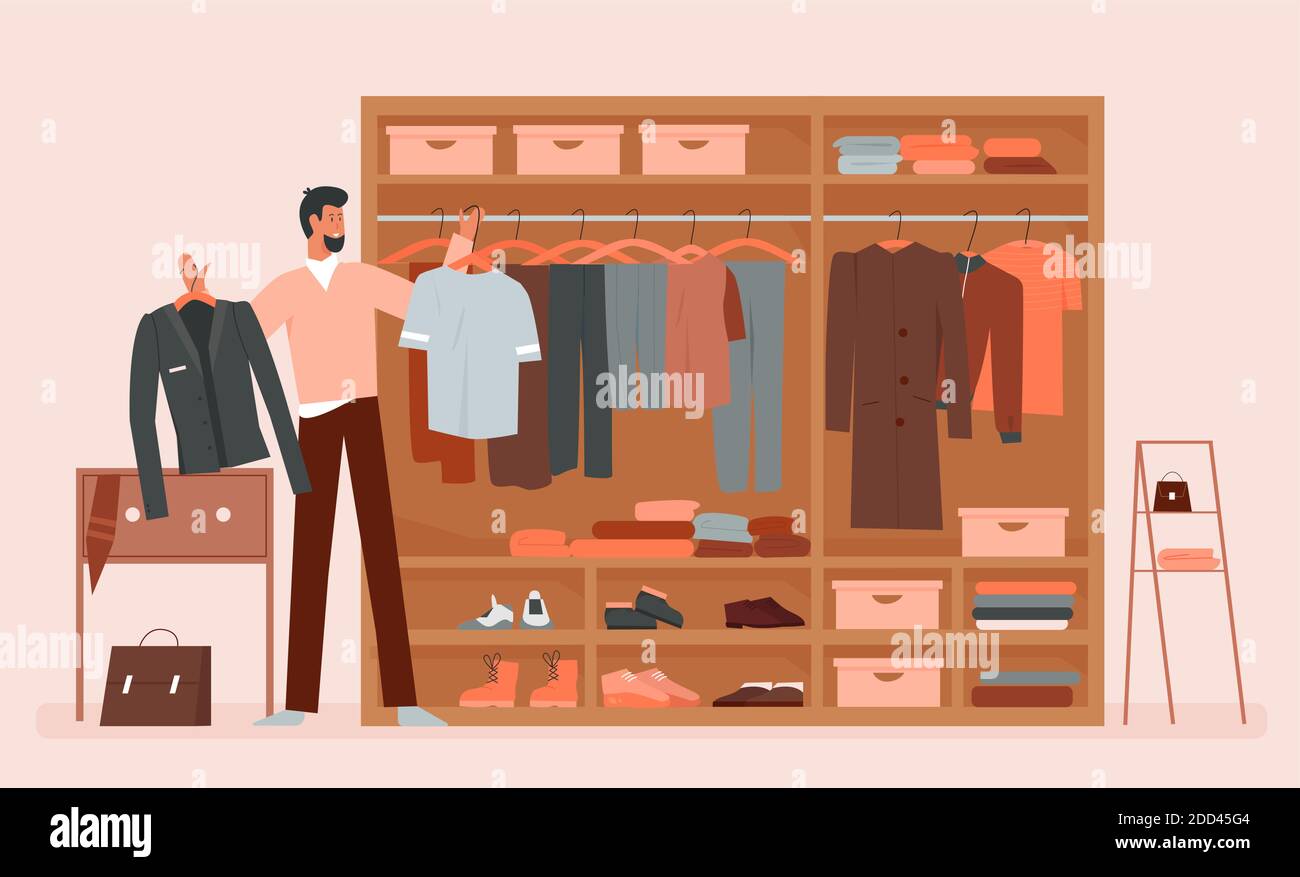 Man choosing clothes in clothing home wardrobe room vector illustration.  Cartoon bearded male character trying to