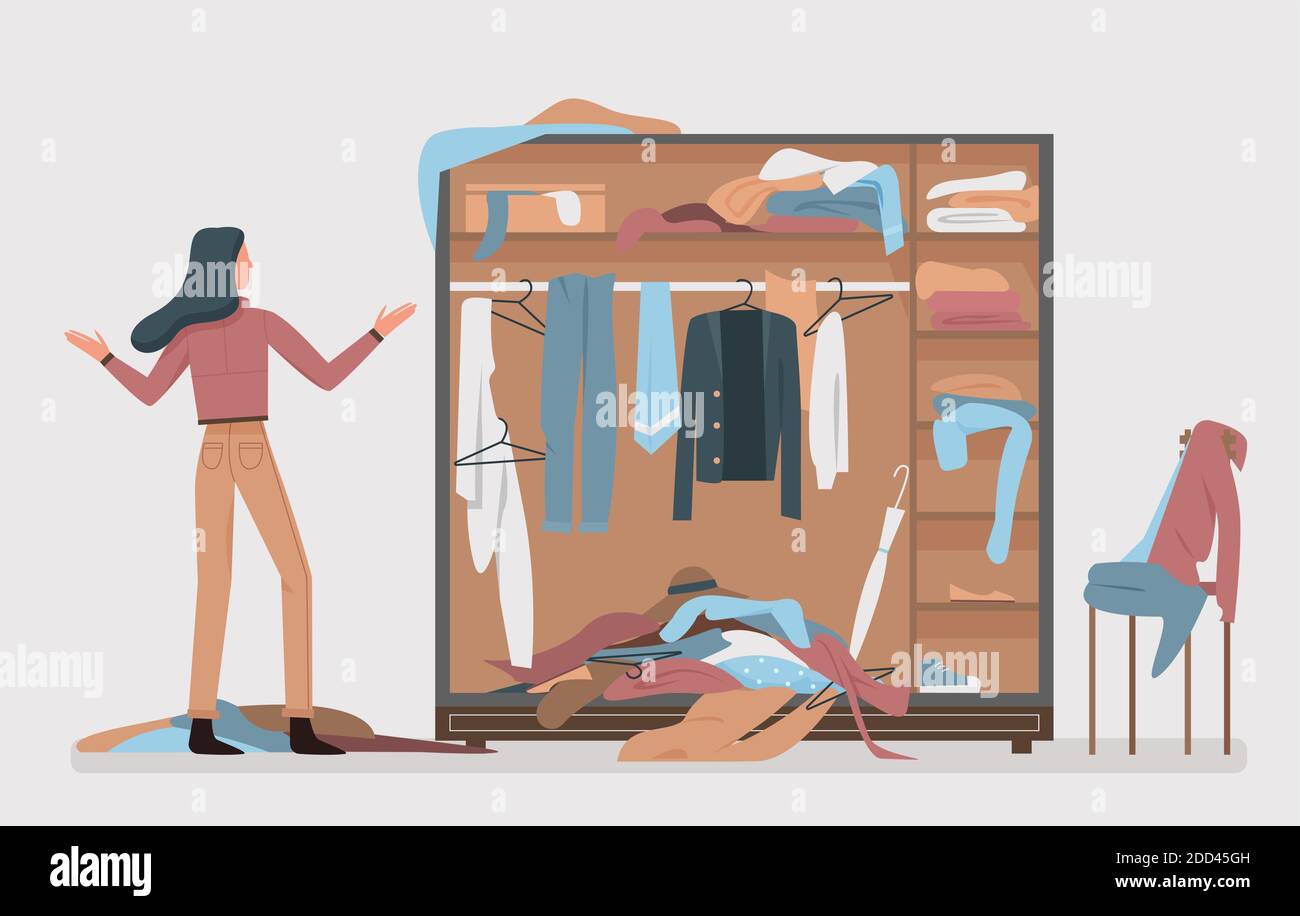 Messy closet, dressing home room interior vector illustration. Cartoon woman worried about mess in open wardrobe, standing next to pile of thrown clothes, untidy clutter fashion clothing background Stock Vector