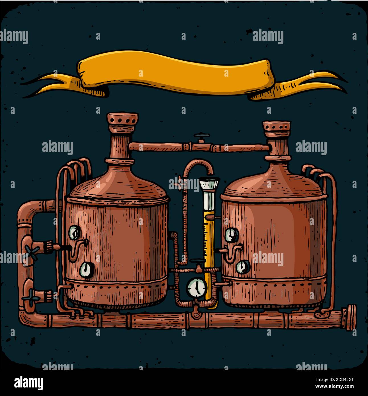Retro brewery engraving. Copper tanks and barrels in brewery beer