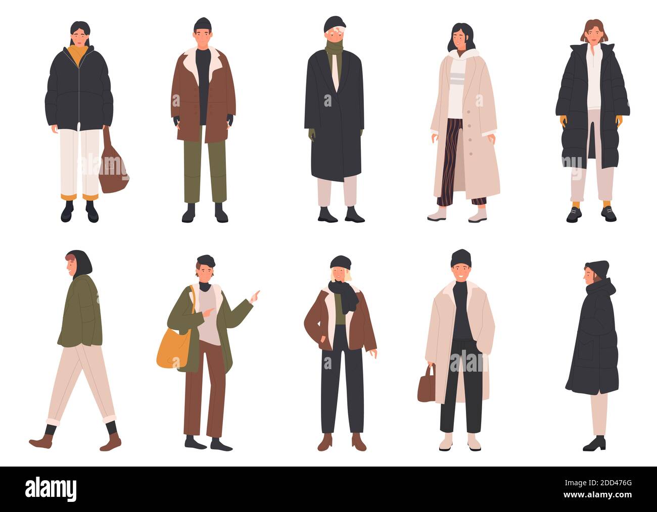 People wear winter clothes vector illustration set. Cartoon man woman characters wearing different winter seasonal clothing, stylish warm coat or trendy suit, young and old models isolated on white Stock Vector
