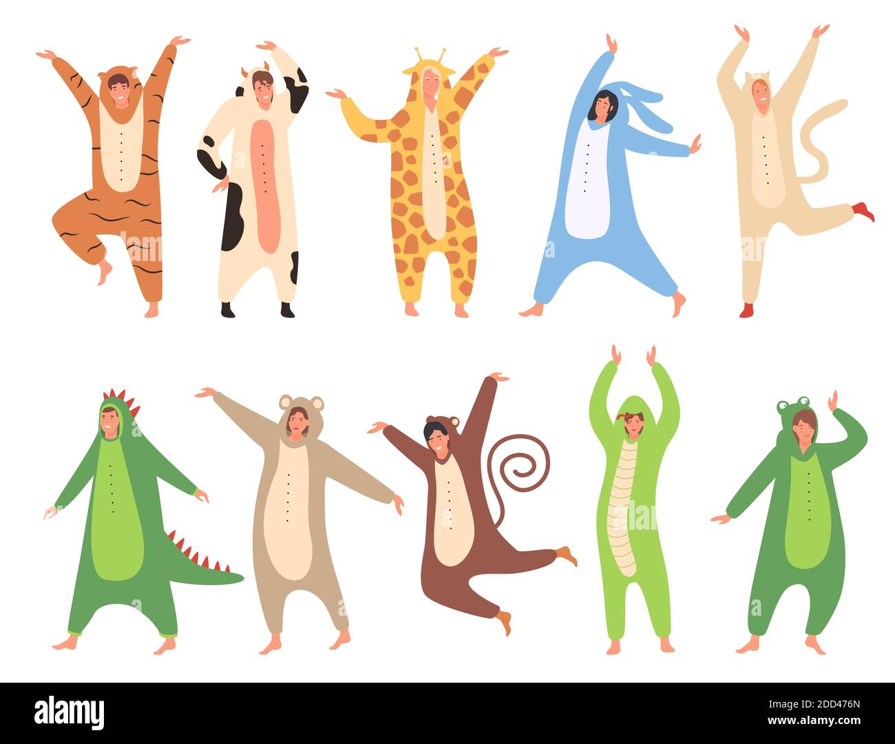 People at pajama party celebration vector illustration. Cartoon happy  characters wearing funny animal costume, celebrating, jumping, having fun  in Halloween or Christmas pajama party isolated on white Stock Vector Image  & Art -