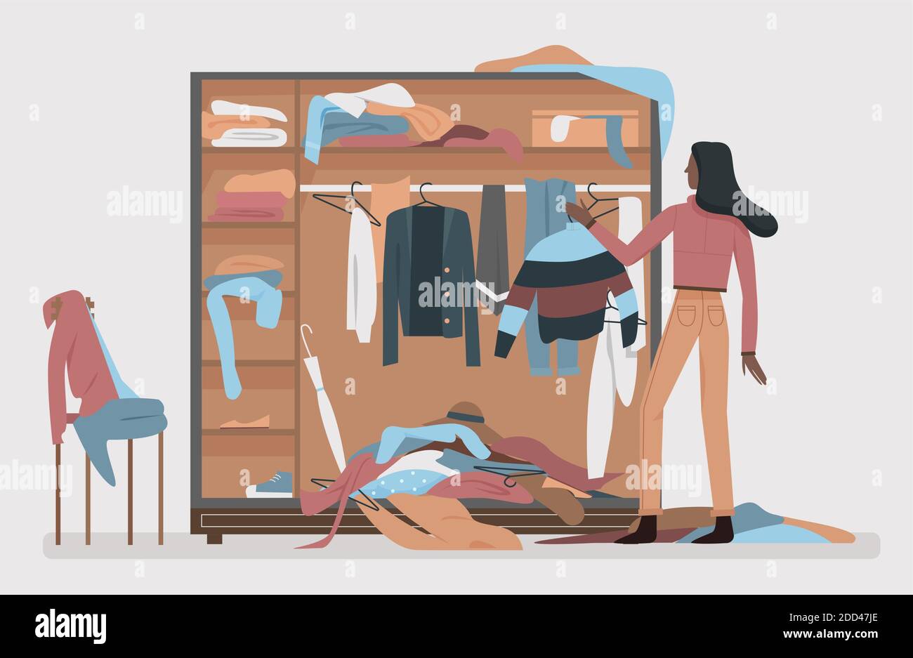 Messy closet, dressing home room interior vector illustration. Black african american woman worried about mess in open wardrobe, standing next to pile of thrown clothes, untidy clutter. Stock Vector