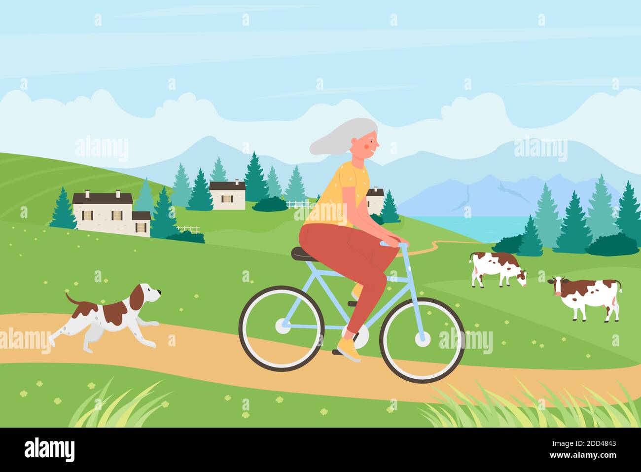 Healthy active lifestyle for senior people vector illustration. Cartoon old woman cyclist character riding bicycle bike, older rider lady cycling on rural road in summer village landscape background Stock Vector