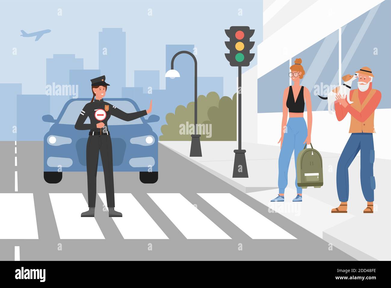 Police worker on street road vector illustration. Cartoon traffic police  officer woman character wearing uniform, holding warning sign to stop car  and pedestrians people, policeman work background Stock Vector Image & Art -
