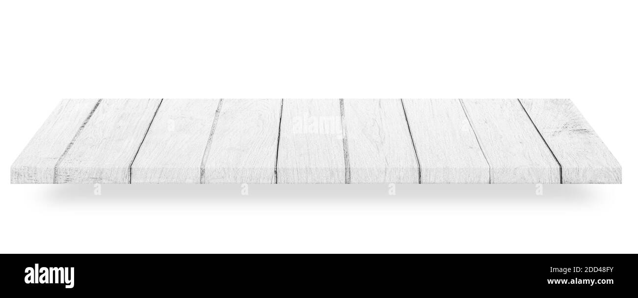 Wooden white tabletop or wood shelf isolated on white background. Object with clipping path. Stock Photo