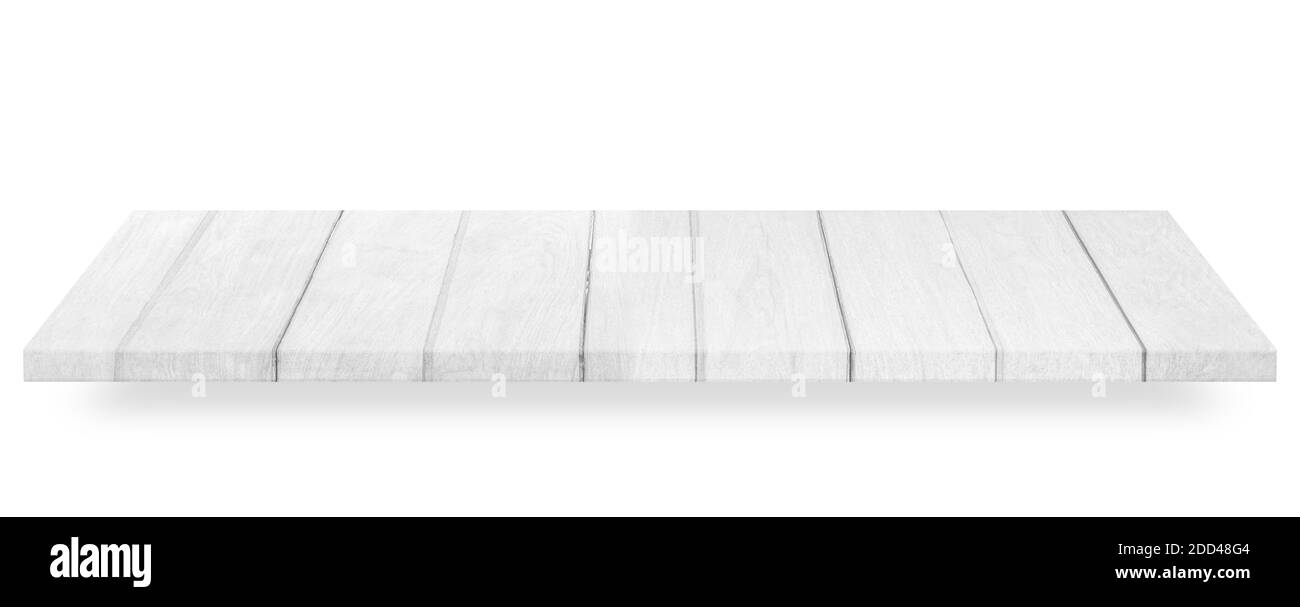 Wooden white tabletop or wood shelf isolated on white background. Object with clipping path. Stock Photo