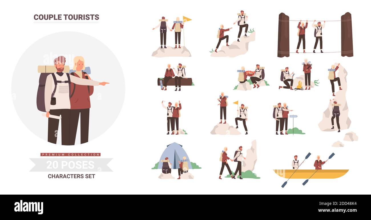 People tourists poses vector illustration set. Cartoon man woman couple travelers hiking, camping, kayaking and climbing, young camper characters enjoy tourism adventures together isolated on white Stock Vector