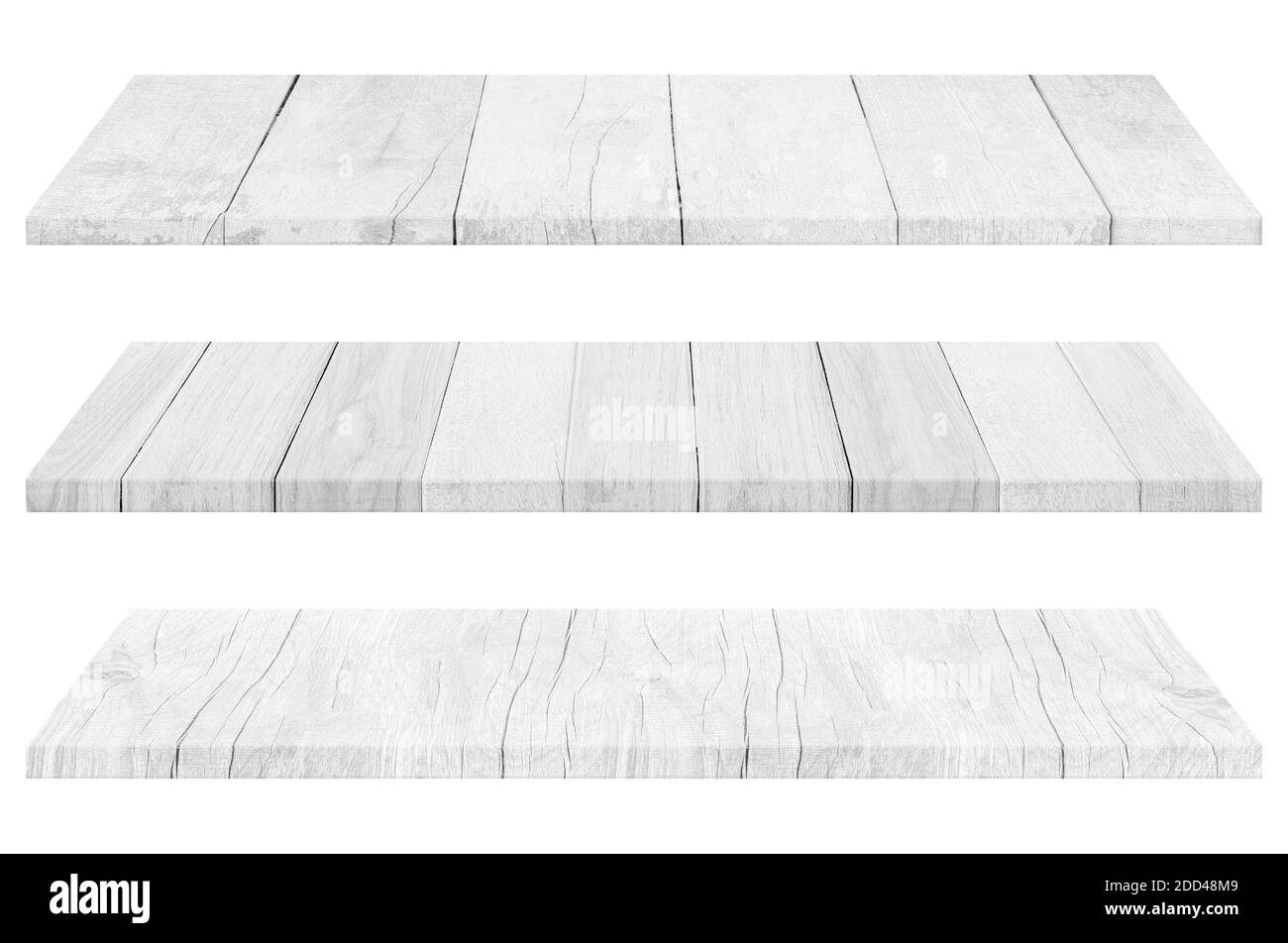 Set of wooden white tabletop or wood shelf isolated on white background. Object with clipping path. Stock Photo