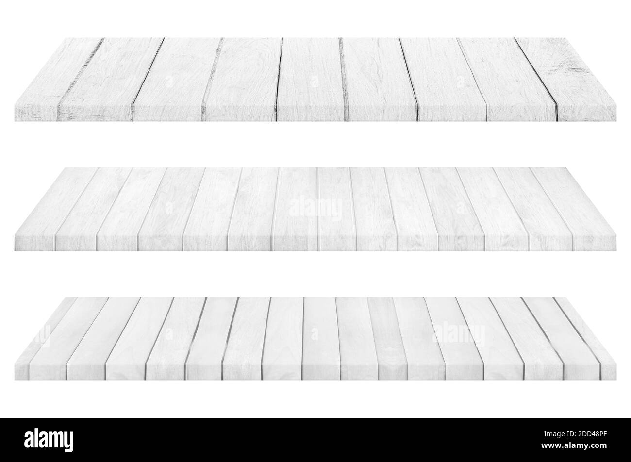 Set of wooden white tabletop or wood shelf isolated on white background. Object with clipping path. Stock Photo