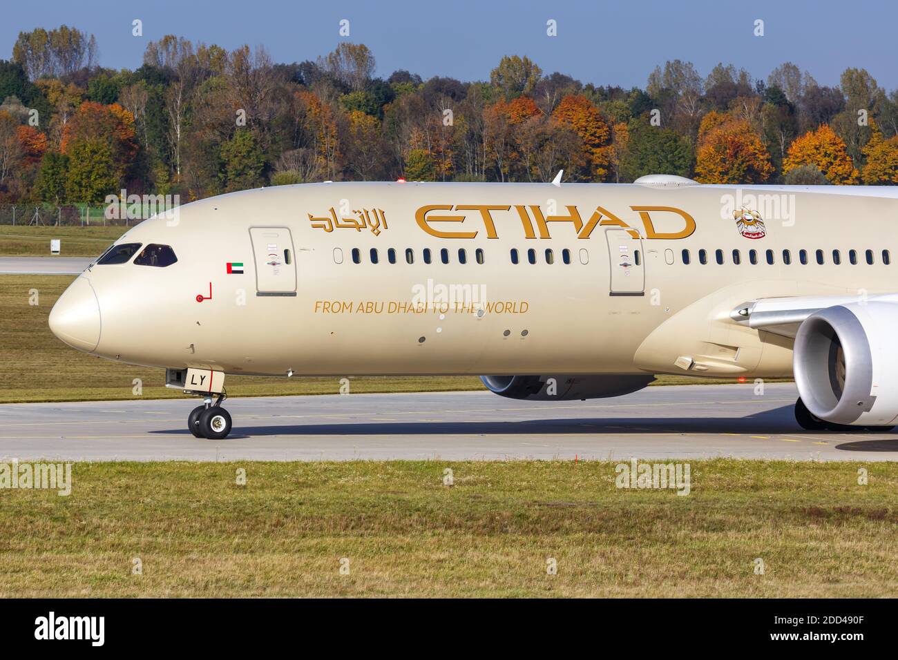 Munich, Germany - October 21, 2020: Etihad Boeing 787-9 Dreamliner airplane at Munich Airport in Germany. Boeing is an American aircraft manufacturer Stock Photo