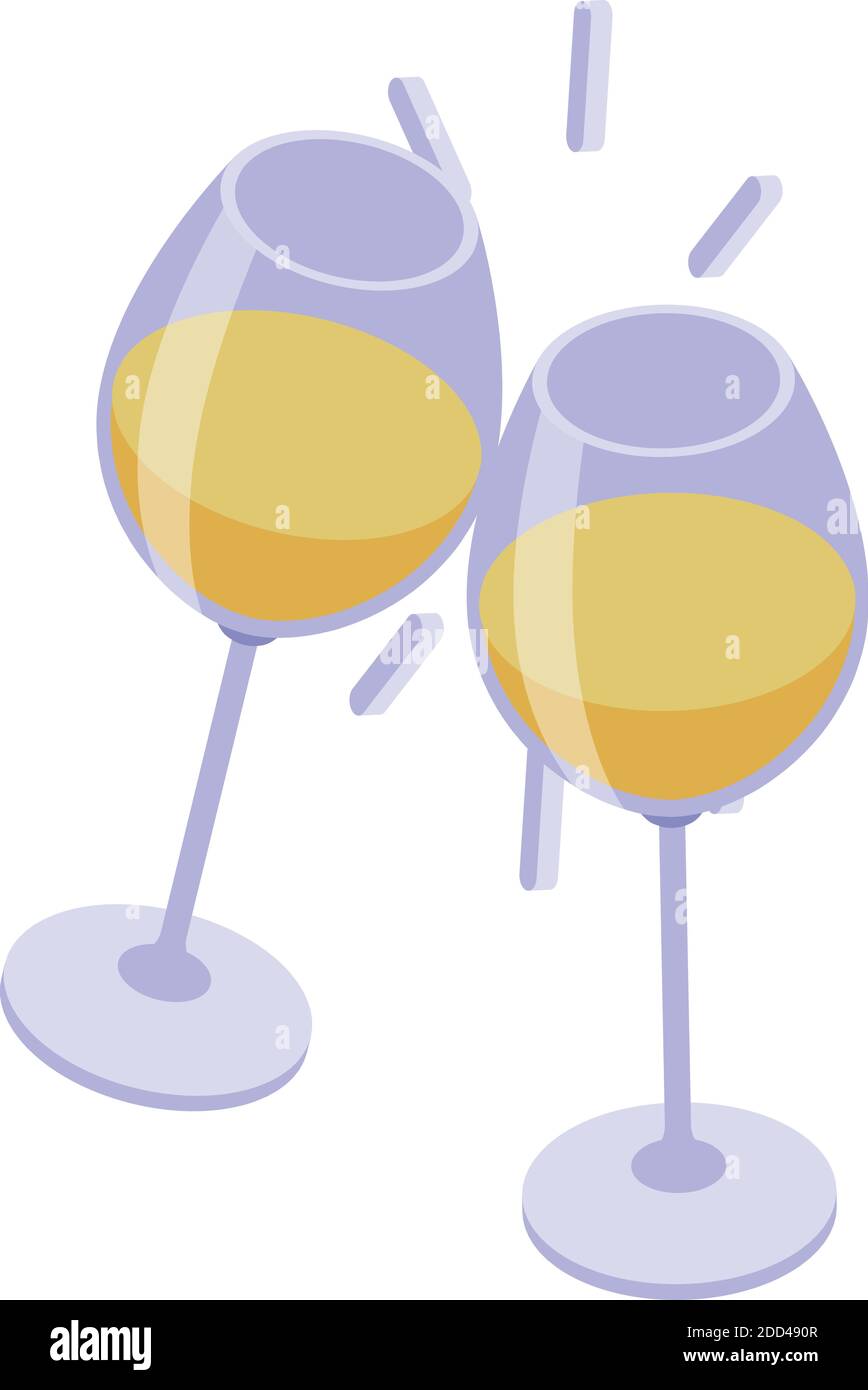 White wine glass cheers icon. Isometric of white wine glass cheers