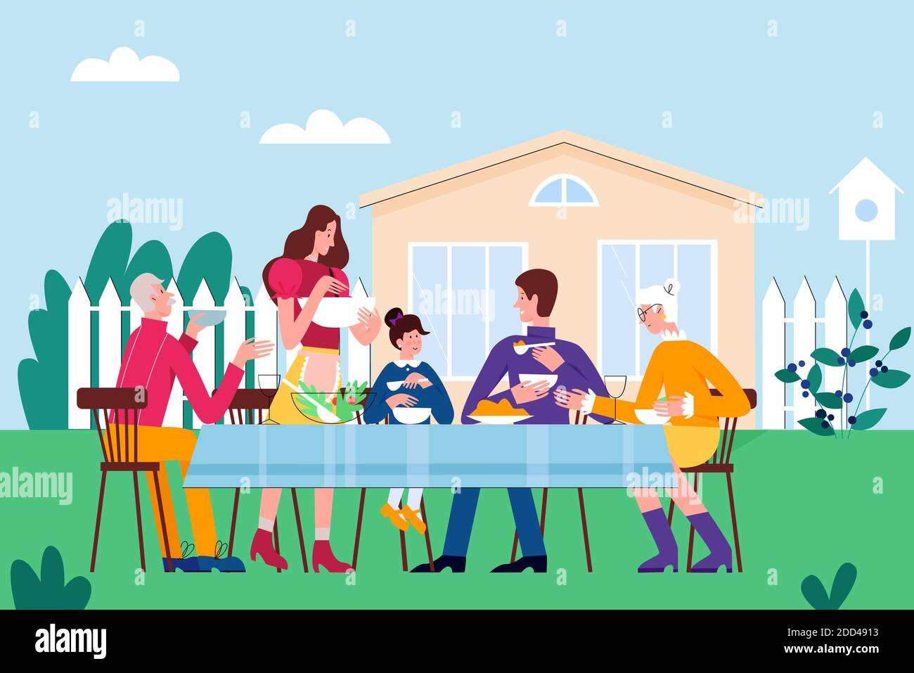 Family people eat on picnic party in backyard vector illustration