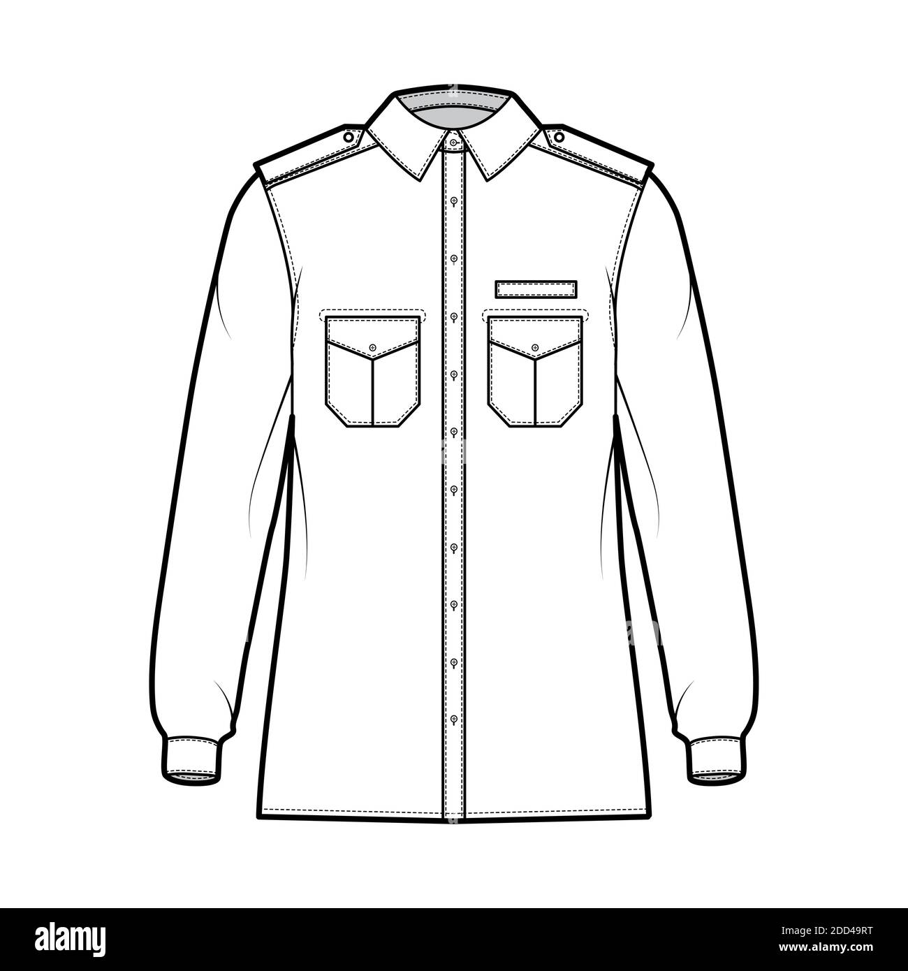 Shirt military technical fashion illustration with epaulette, flaps angled pockets, long sleeve, relax fit, button-down, classic collar. Flat template front, white color. Women men unisex top CAD Stock Vector