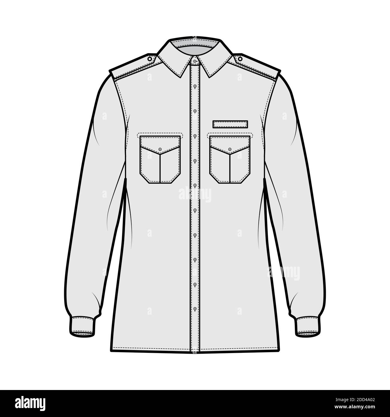 Shirt military technical fashion illustration with epaulette, flaps angled pockets, long sleeve, relax fit, button-down, classic collar. Flat template front, grey color. Women men unisex top CAD Stock Vector