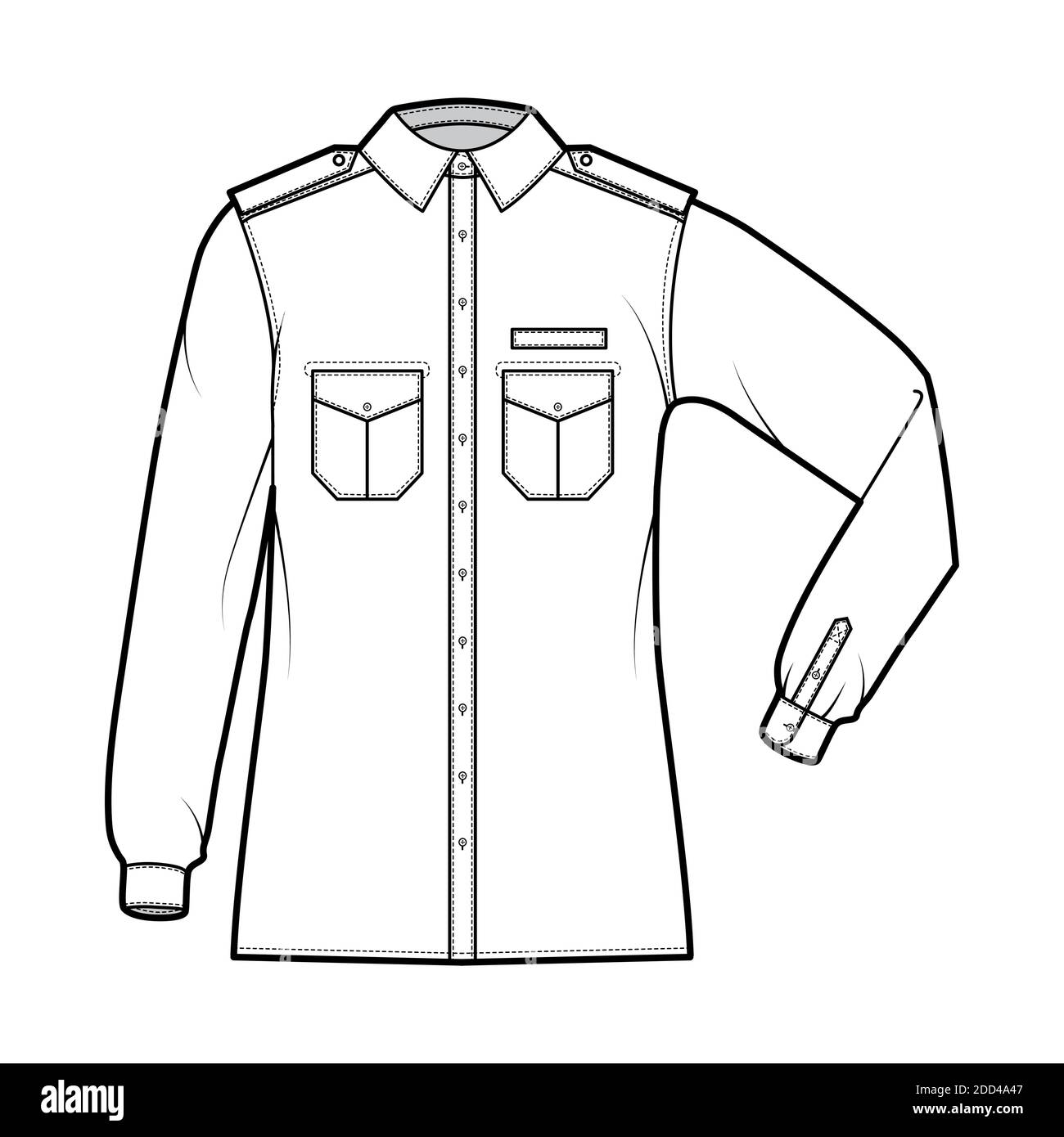 Shirt military technical fashion illustration with epaulette, flaps angled pockets, elbow fold long sleeve, relax fit, button-down, collar. Flat template front, white color. Women men unisex top CAD Stock Vector