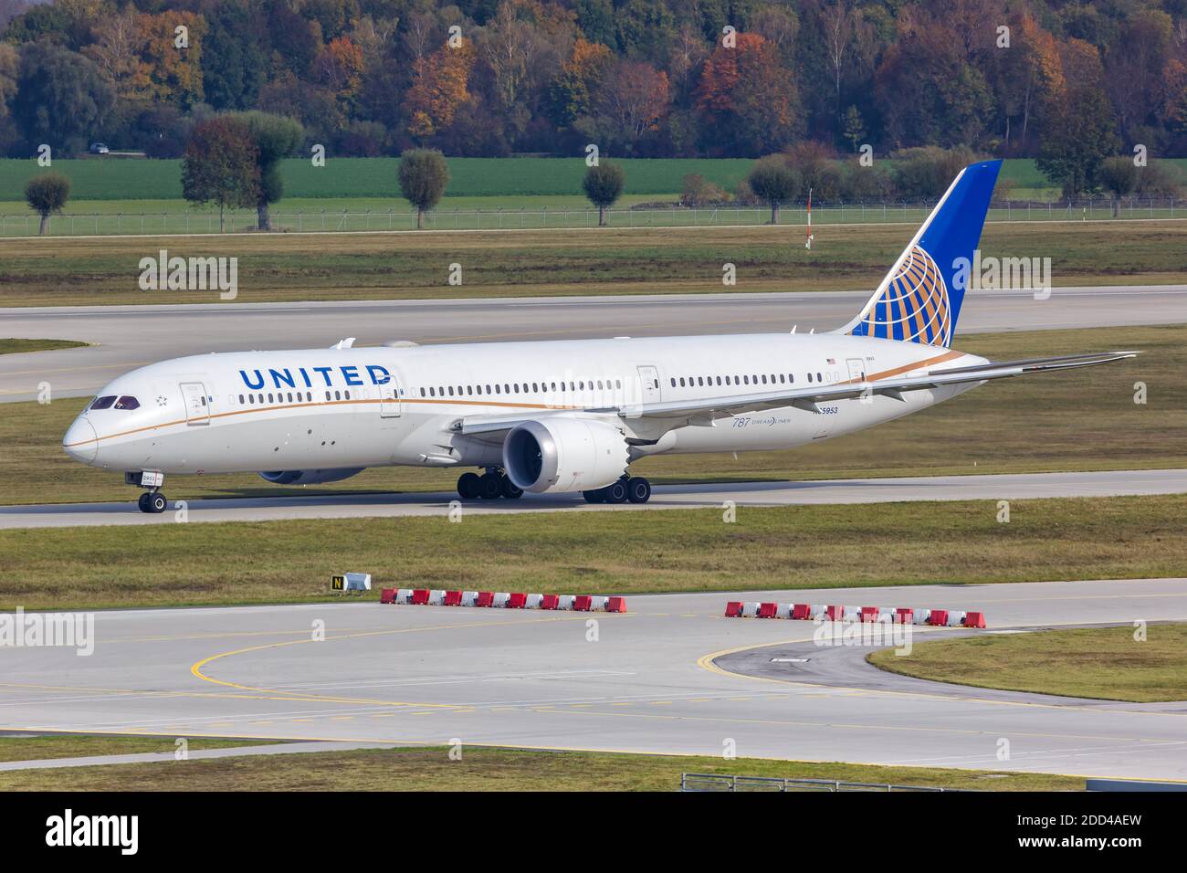 Munich, Germany - October 21, 2020: United Airlines Boeing 787-9 Dreamliner airplane at Munich Airport in Germany. Stock Photo