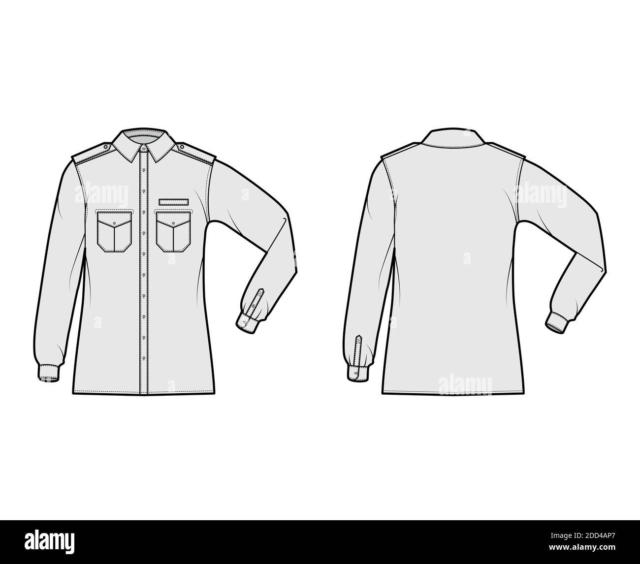 Shirt military technical fashion illustration with epaulette, flaps angled pockets, elbow fold