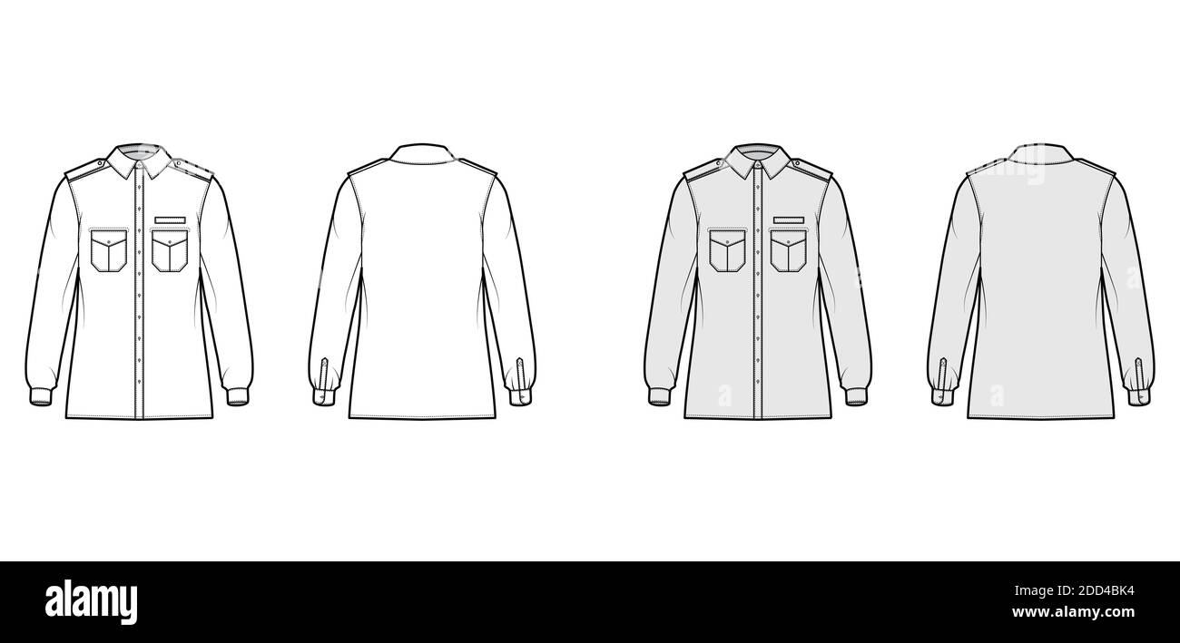 Shirt military technical fashion illustration with epaulette, flaps angled pockets, long sleeve, relax fit, button-down, classic collar. Flat template front, back white, grey color. Women men top CAD Stock Vector