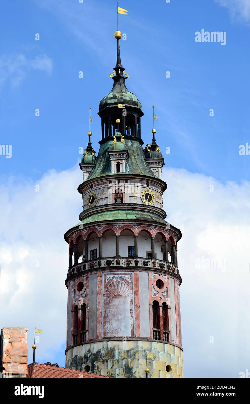 Cesky Krumlov, Czechia, the tower of the little castle with sgraffito decorated facade in the Unesco World Heritage site in Bohemia Stock Photo