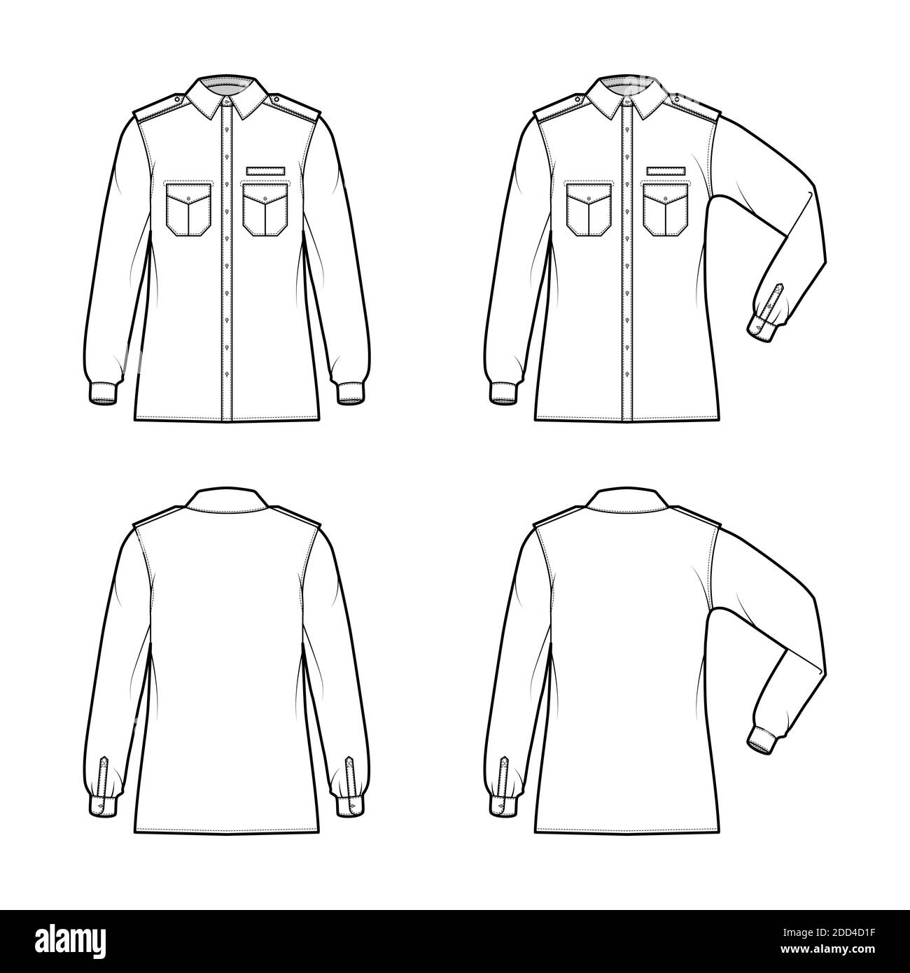 Shirt Military Technical Fashion Illustration With Epaulette, Flaps Angled  Pockets, Elbow Fold Long Sleeve, Relax Fit, Button-Down, Collar. Flat  Template Front, Back White Color. Women Men Unisex Top Stock Vector Image &