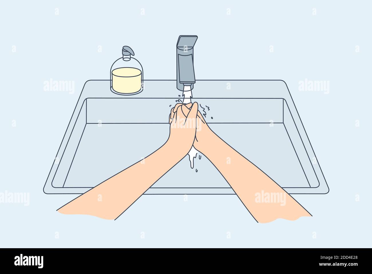 Hygiene, disinfection, cooking, coronavirus, protection concept. Woman or man washing hands with soap in sink at home on quarantine. Preventive measur Stock Vector