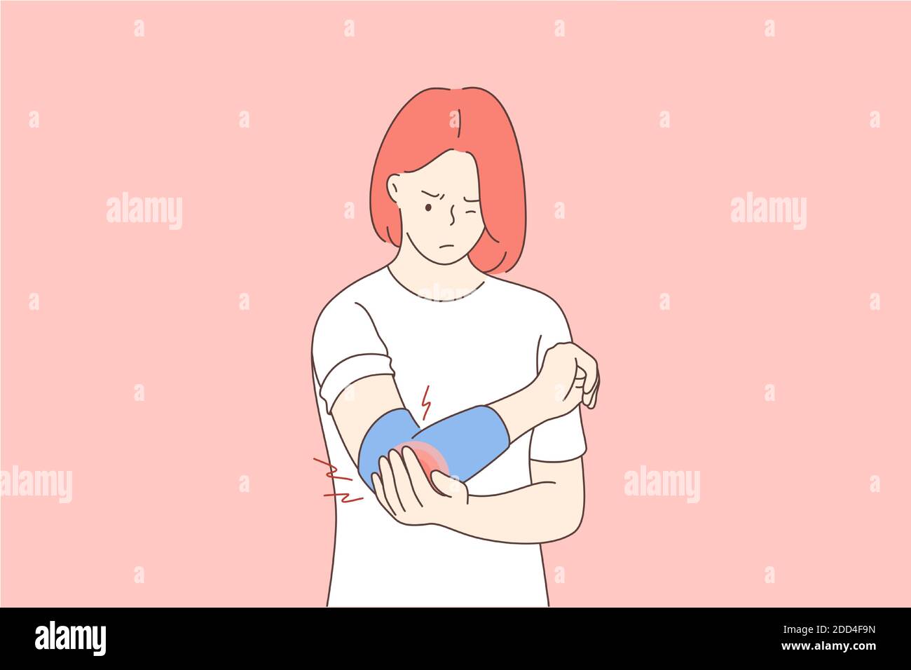 Health, care, medicine, pain, trauma concept. Young unhappy woman girl  cartoon character holding massaging painful injured elbow in bandage.  Arthritis Stock Vector Image & Art - Alamy