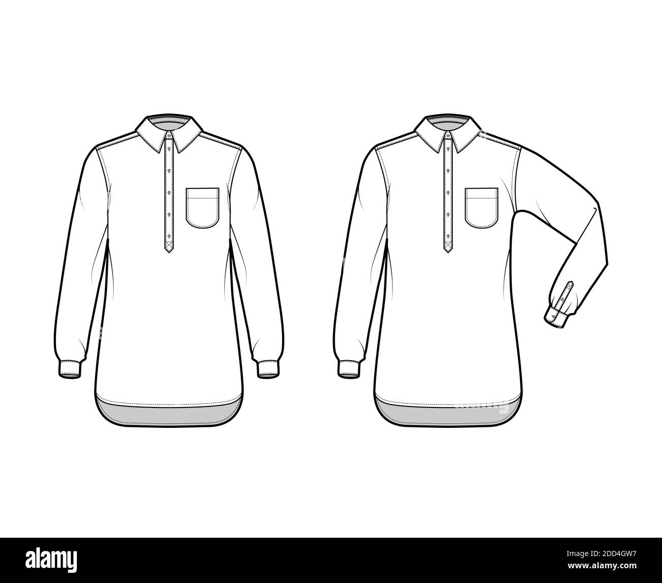 Set of Shirt pullover technical fashion illustration with rounded pocket, elbow fold long sleeve, oversized, half placket button down. Flat template front, white color. Women men unisex top CAD mockup Stock Vector