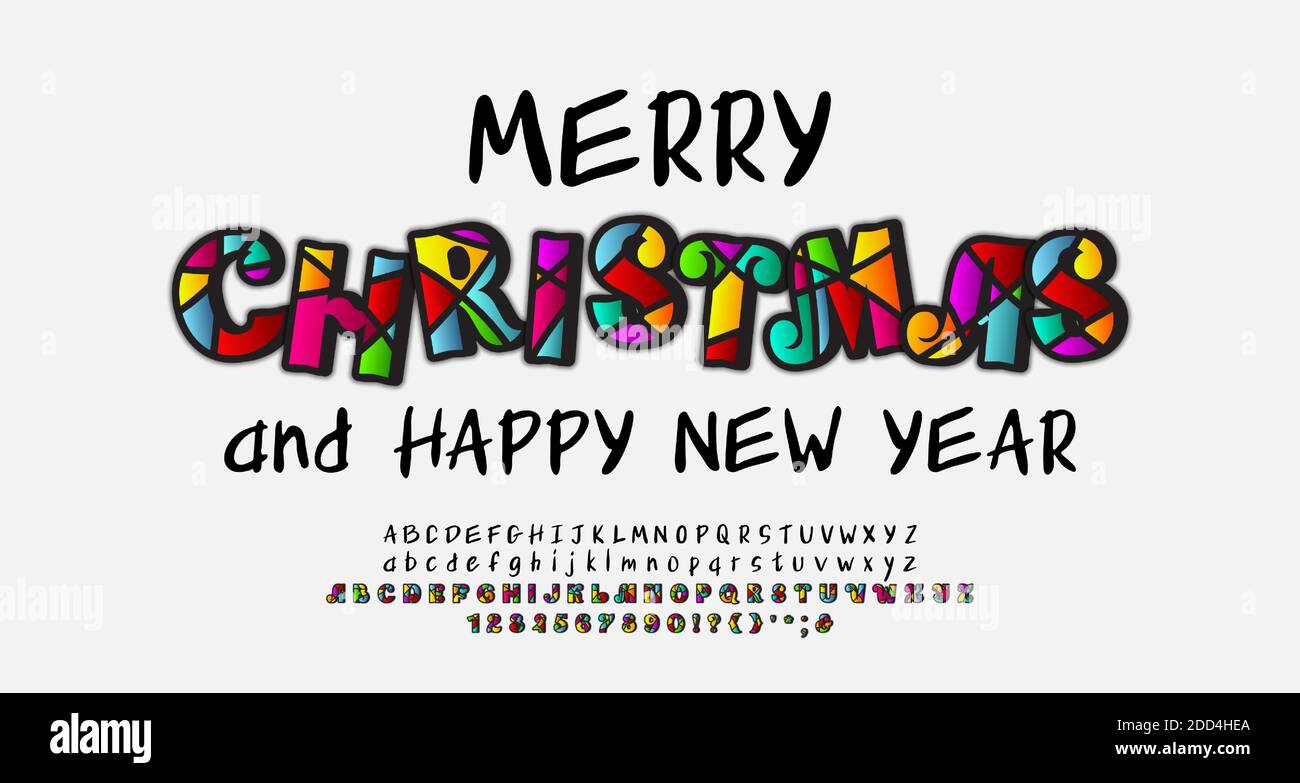 Bright creative greeting poster Merry Christmas and Happy New Year. Ornate mosaic style font and handwritten lettering alphabet black color. Vector. Stock Vector