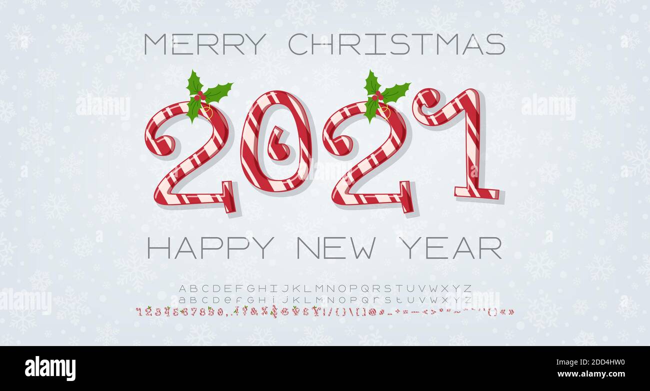Merry Christmas 2021 Happy New Year. Original fonts for poster, banner, website. Set of cartoon curly numbers candy cane style with mistletoe decor. Stock Vector
