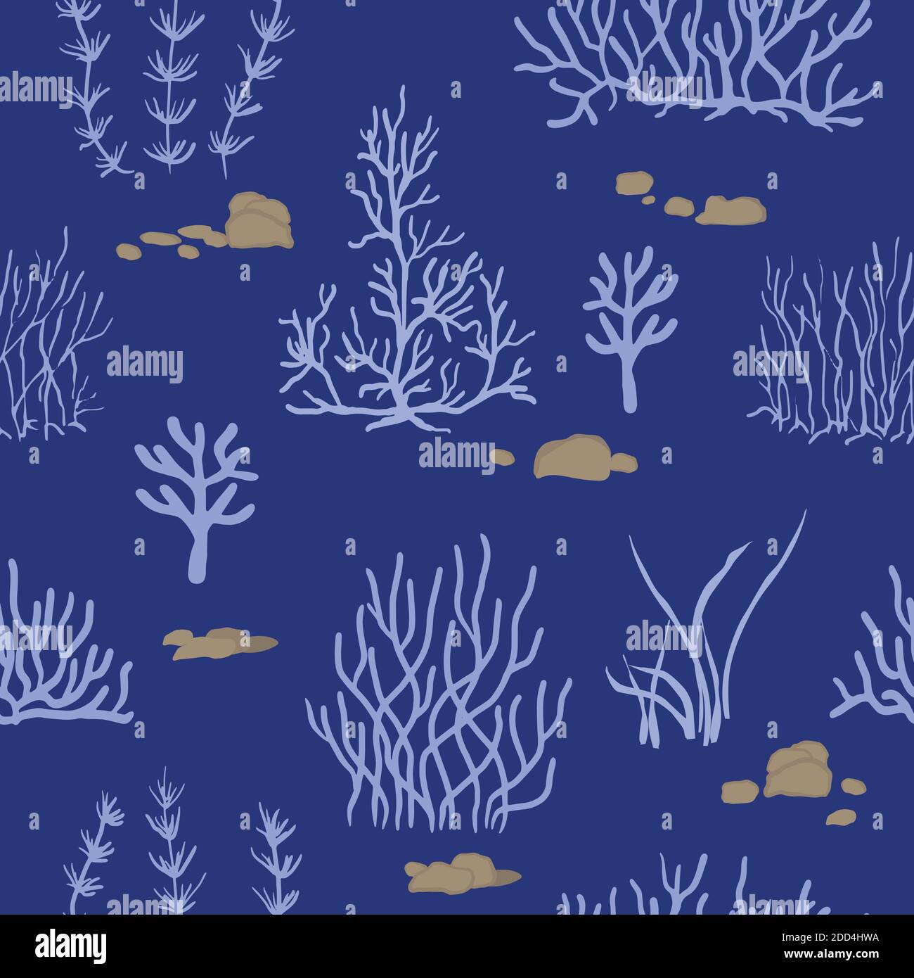 blue, pink corals on a blue background. Vector seamless pattern with tropical reef. Stock Vector