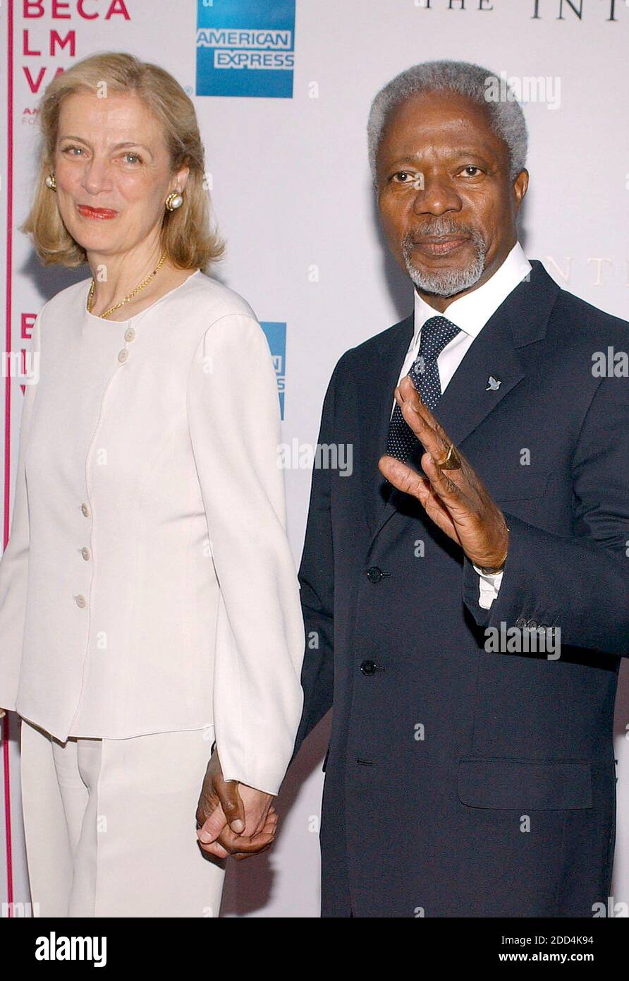 File Photo - "United Nations Secretary General Kofi Annan and his wife Nane arrive at the premiere of ""The Interpreter"" held at the Ziegfled theatre for the opening night of the 2005 Tribeca Film Festival, on Tuesday April 19, 2005. Kofi Annan, the former UN secretary-general who won the Nobel Peace Prize for humanitarian work, has died aged 80, his aides say. Photo by Nicolas Khayat/ABACA." Stock Photo
