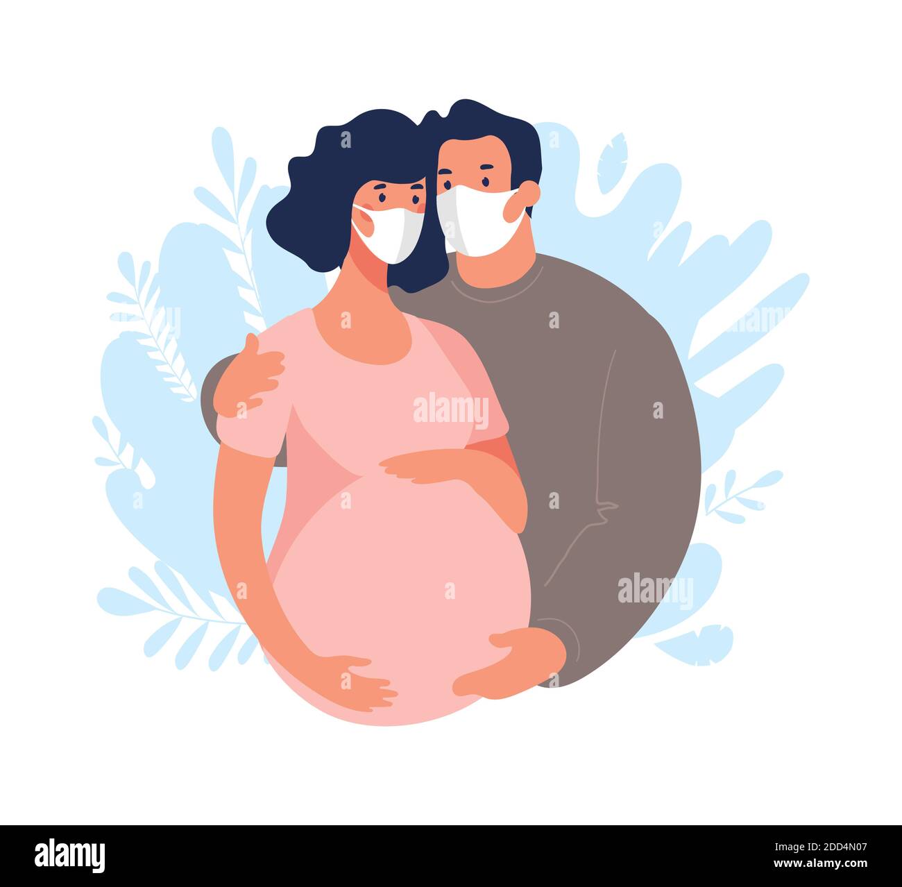Pregnant woman with her husband wearing medical masks. Concept of pregnancy and motherhood