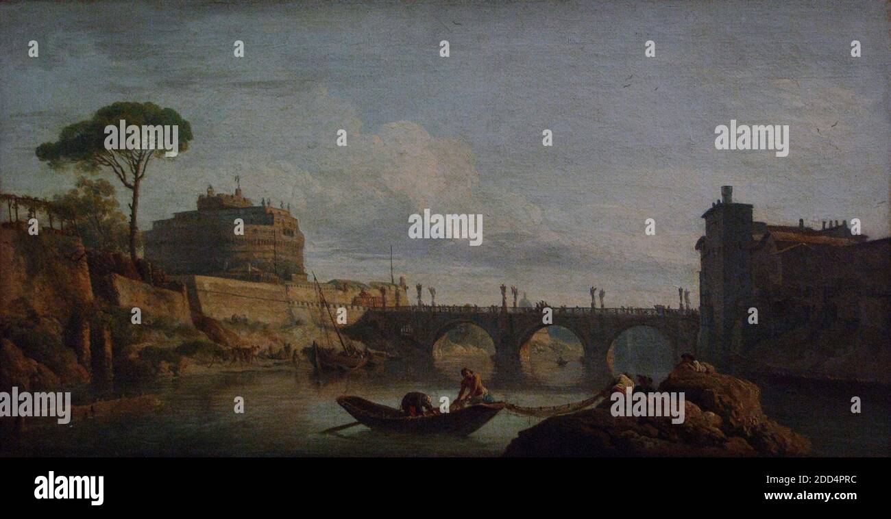 Claude Joseph Vernet (1714-1789). French painter. The Bridge and Castle Sant Angelo in Rome. Oil on canvas (40 x 77 cm), 1745. Louvre Museum. Paris. France. Stock Photo