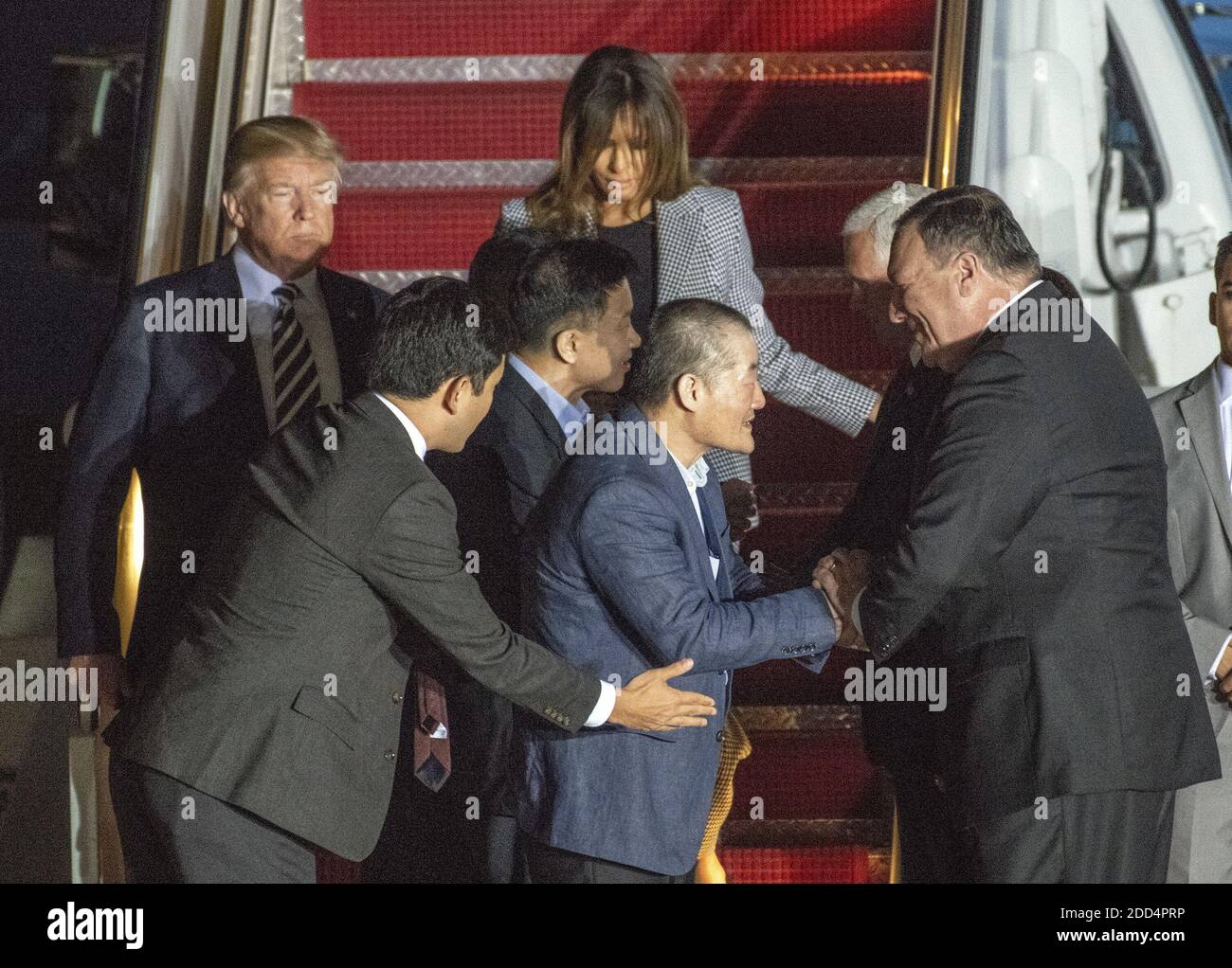 Kim Dong Chul, Kim Hak Song and Tony Kim are greeted by United States President Donald J. Trump arrived at Joint Base Andrews in Maryland to welcome Kim Dong Chul, Kim Hak Song and Tony Kim back to the US on Thursday, May 10, 2018. The three men were imprisoned in North Korea for periods ranging from one and two years. They were released to US Secretary of State Mike Pompeo as a good-will gesture in the lead-up to the talks between President Trump and North Korean leader Kim Jong Un. Photo by Ron Sachs/CNP/ABACAPRESS.COM Stock Photo