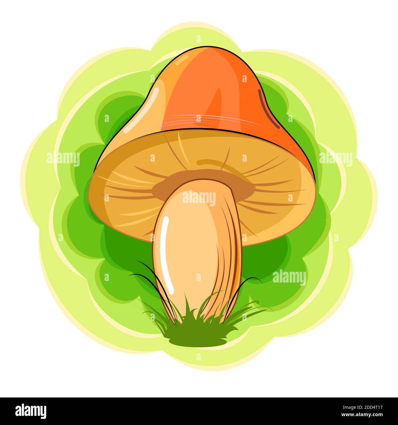 Orange mushroom on an abstract background. Picture. Vector isolated on white. Cartoon flat style. Beautiful little forest mushroom in the grass. Stock Vector