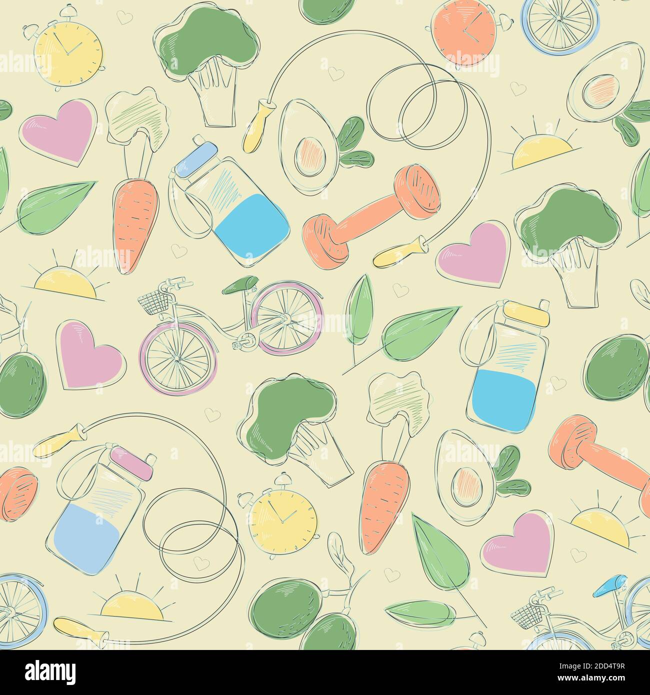 Fitness elements seamless pattern vector illustration. healthy lifestyle Stock Vector