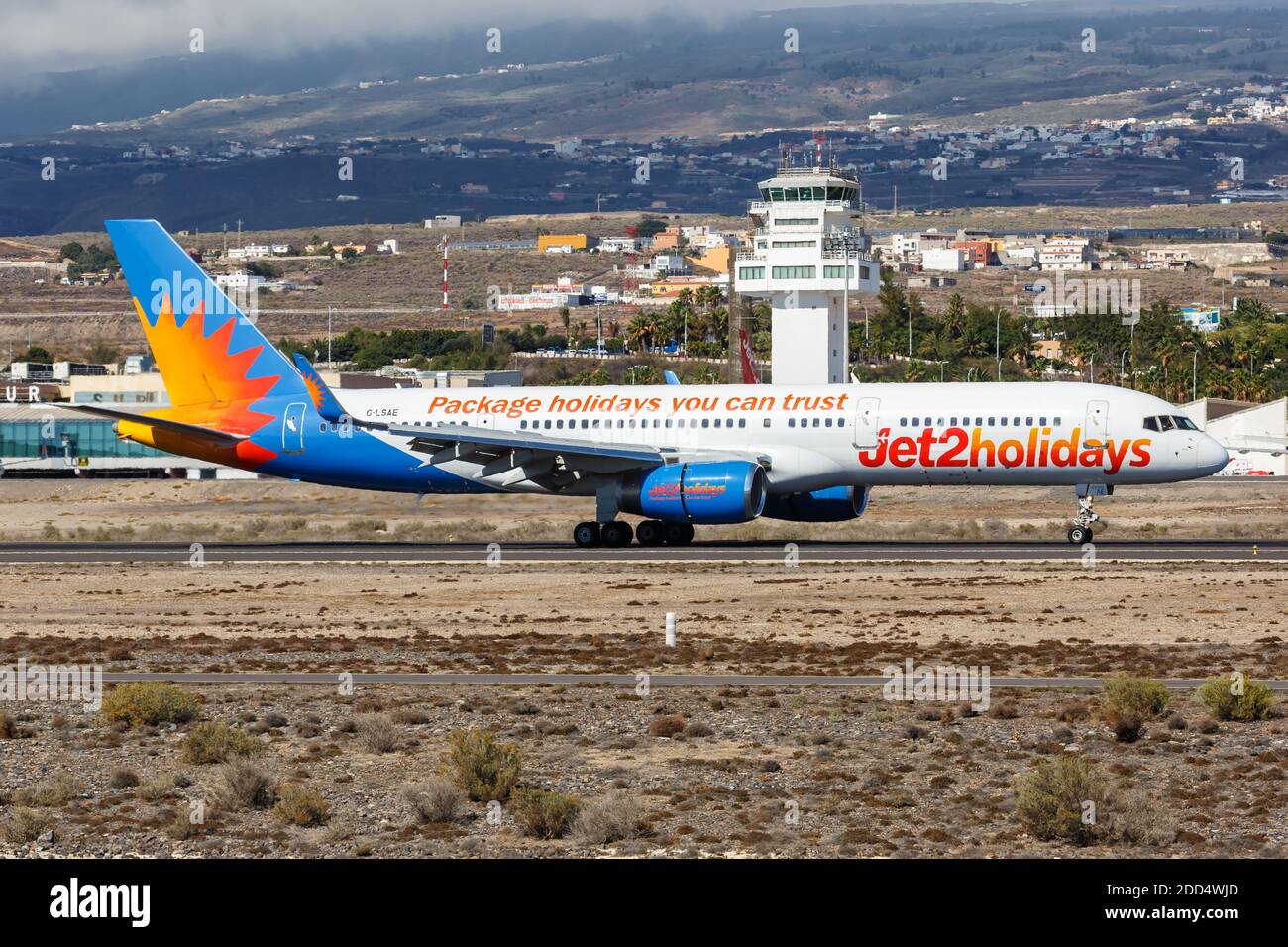 Tenerife, Spain - November 23, 2019: Jet2 Boeing 757-200 airplane at Tenerife South Airport in Spain. Boeing is an American aircraft manufacturer head Stock Photo