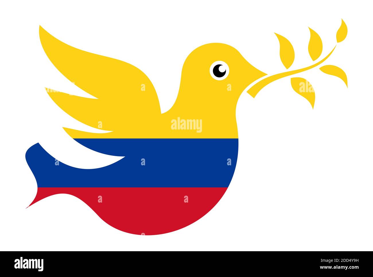 METAPHOR MEANING: Dove with olive branch in colors of Colombia as metaphor of peace and ceasefire after civil war between government and rebels of rev Stock Photo