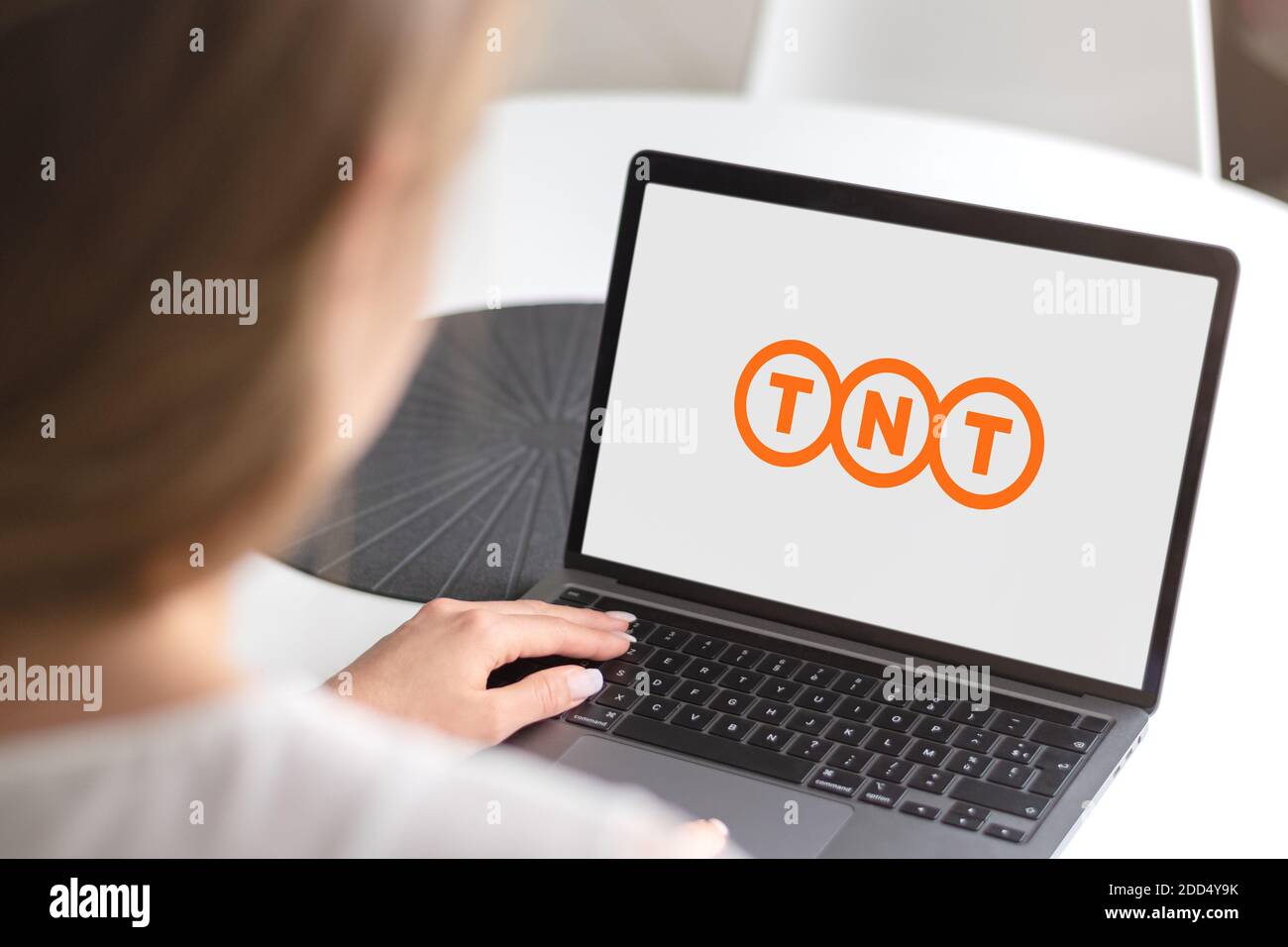 Guilherand-Granges, France - November 24, 2020. Notebook with TNT logo. Dutch international courier delivery services company. Stock Photo