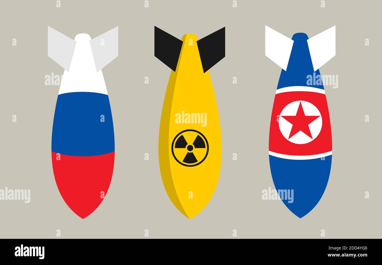Flat design vector of falling bombs in colors of Russia, North Korea. Armed intervention and military attack by using rockets and missiles during bomb Stock Photo