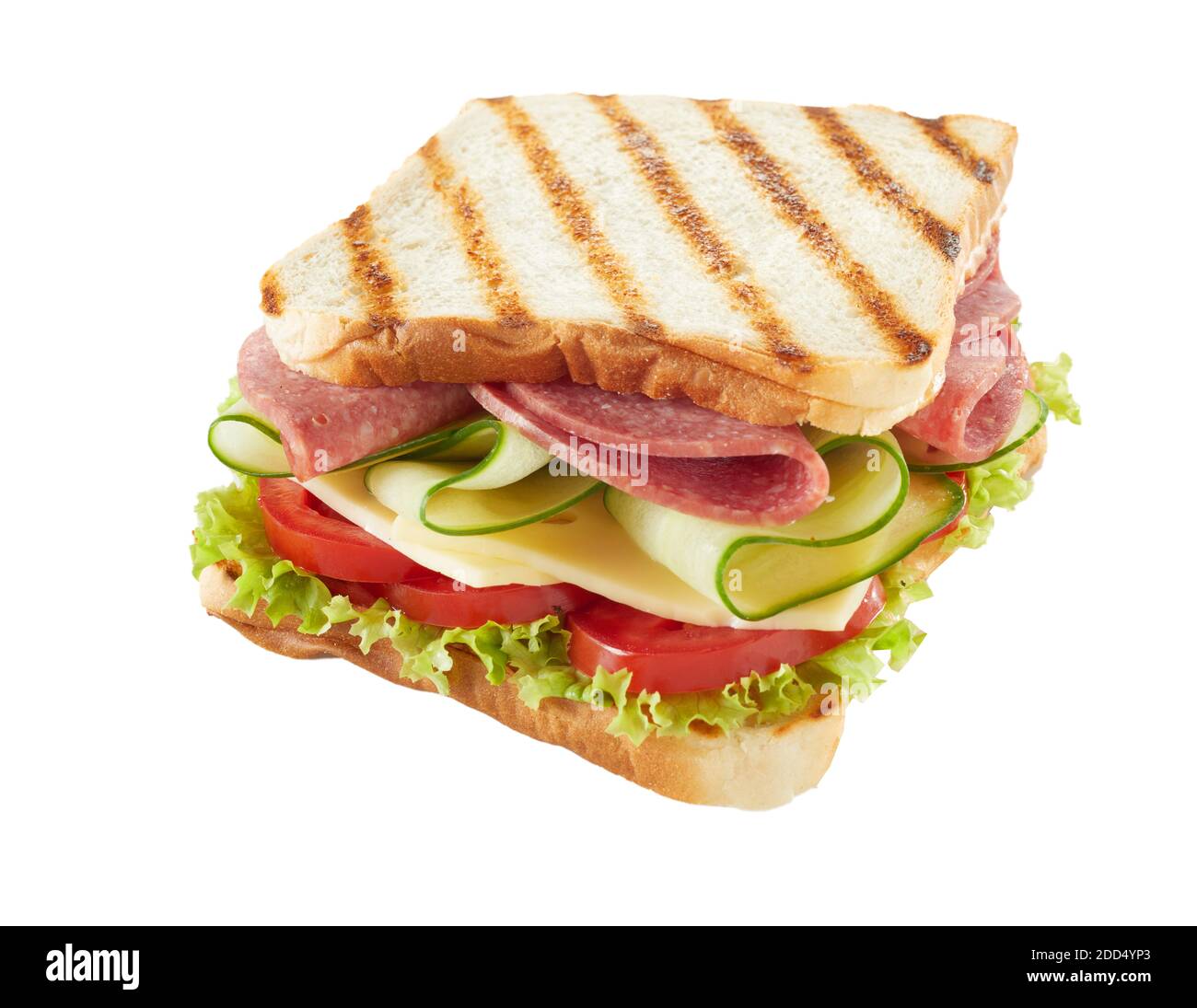 Hearty cheese and spicy salami sandwich with salad trimmings on grilled white bread isolated on white for menu advertising Stock Photo