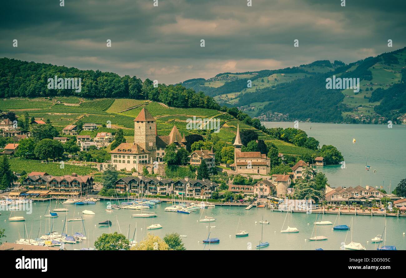 View on beautiful small city, lake Thun, marine and many boats. City of  Spiez, canton Bern, Switzerland Stock Photo - Alamy