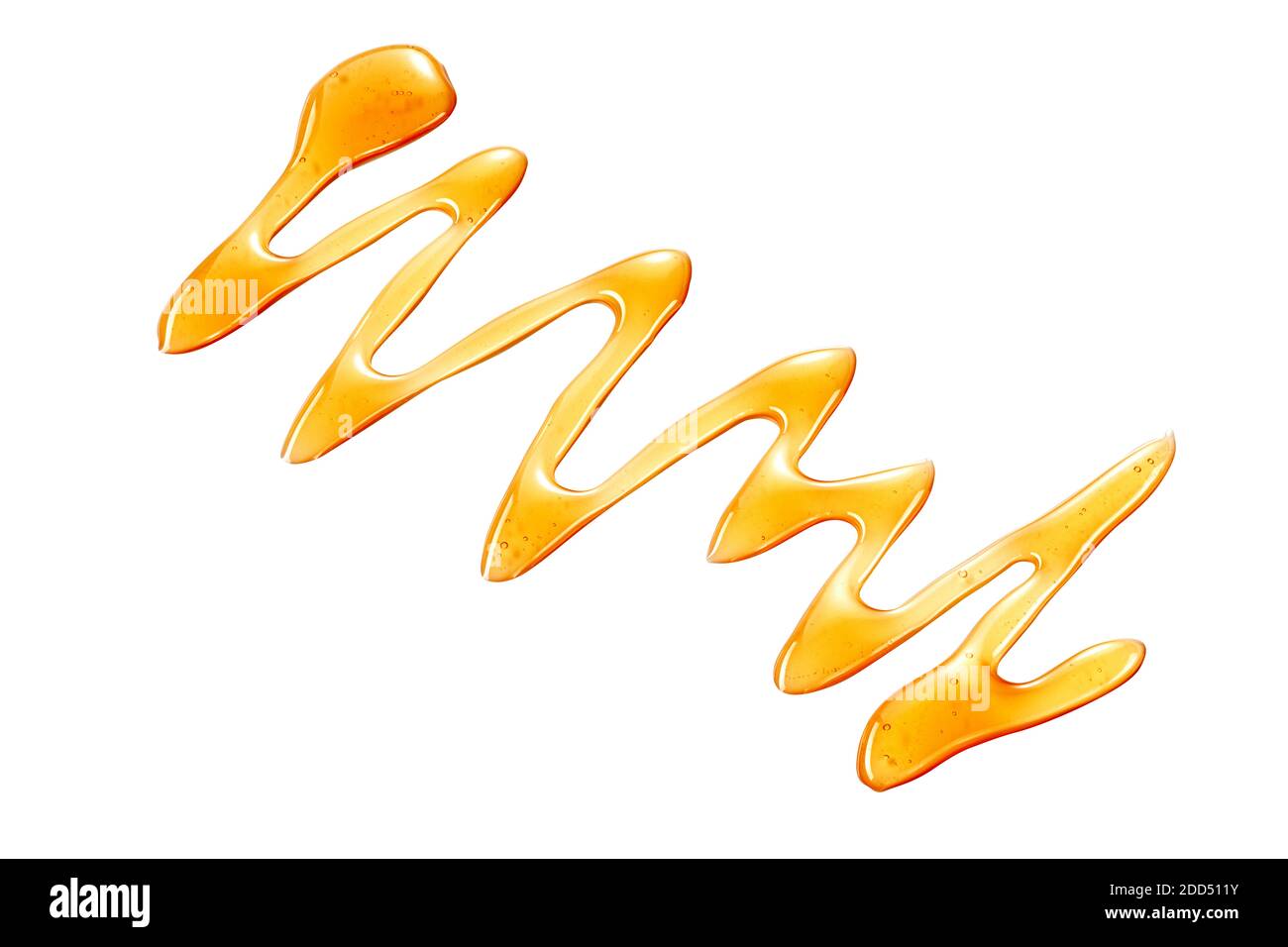 Diagonal wavy line of golden honey drizzled on white with copyspace in an overhead view for advertising Stock Photo