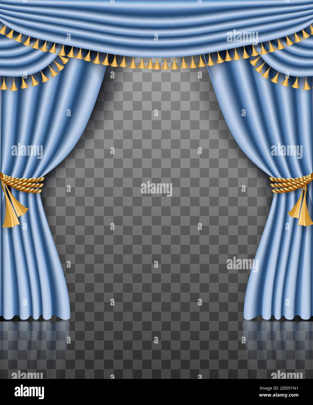 3d realistic vector blue curtains. Illustration on transparent background. Stock Vector